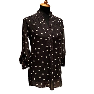 Francesca's Collections Small Black White Button Down Flowy Polka Dot Sheer Top