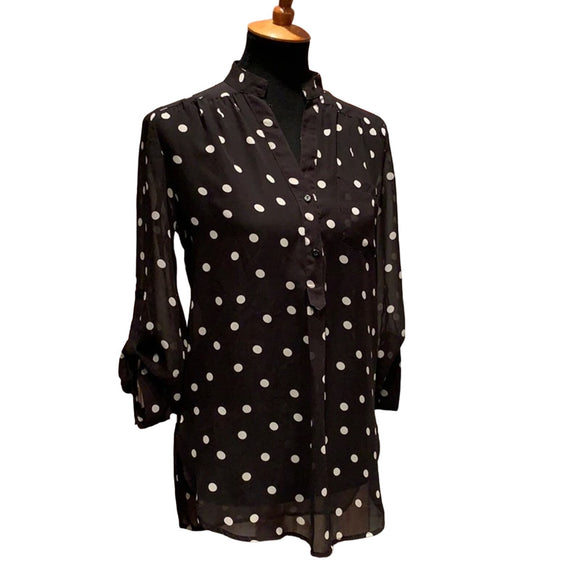 Francesca's Collections Small Black White Button Down Flowy Polka Dot Sheer Top