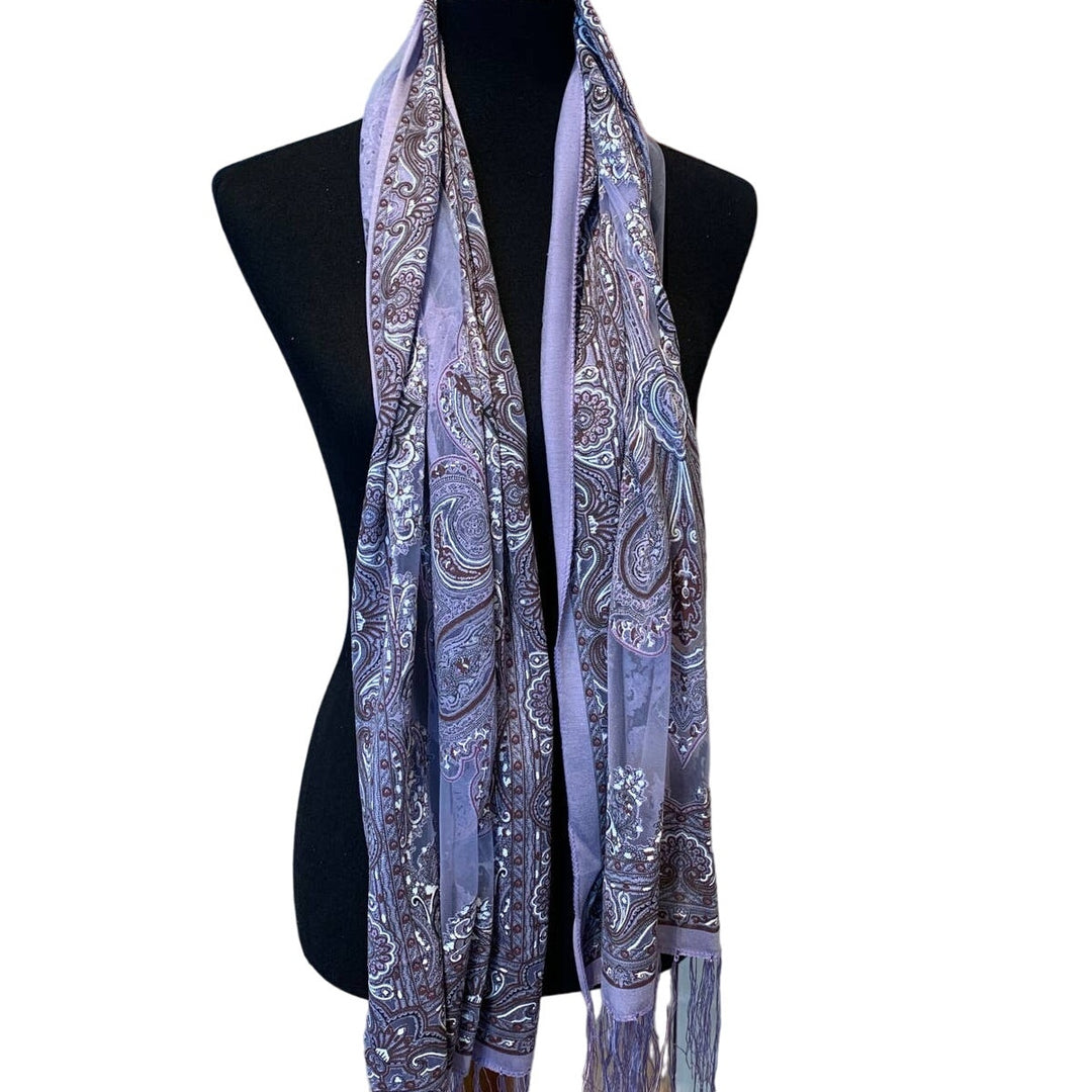 New Purple Floral Paisley Silver Glitter Fringed Sheer Lightweight Fashion Scarf