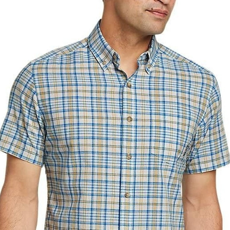 New Eddie Bauer Mens Small Blue Gold Plaid Short Sleeve Button Down Casual Shirt