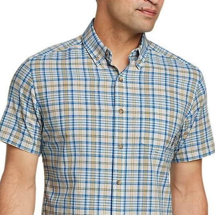 New Eddie Bauer Mens Small Blue Gold Plaid Short Sleeve Button Down Casual Shirt