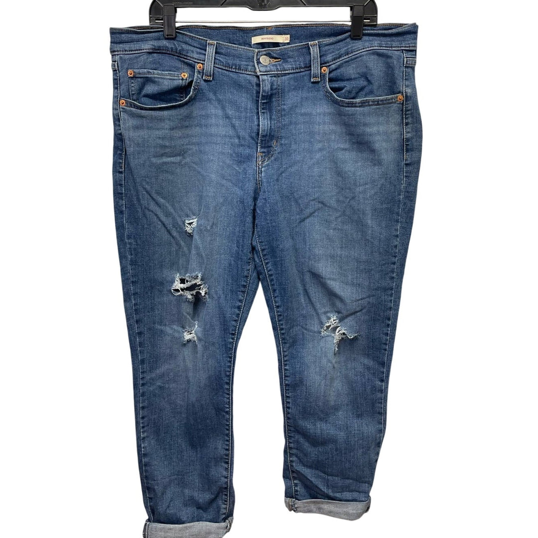 Levis Size 33 Factory Distress Cropped Boyfriend Stretch Cotton Denim Blue Jeans