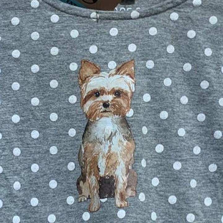 Hand Printed Upcycled Girls XS 4-5 Yorshire Terrier Yorkie Puppy Dog Ruffled Top