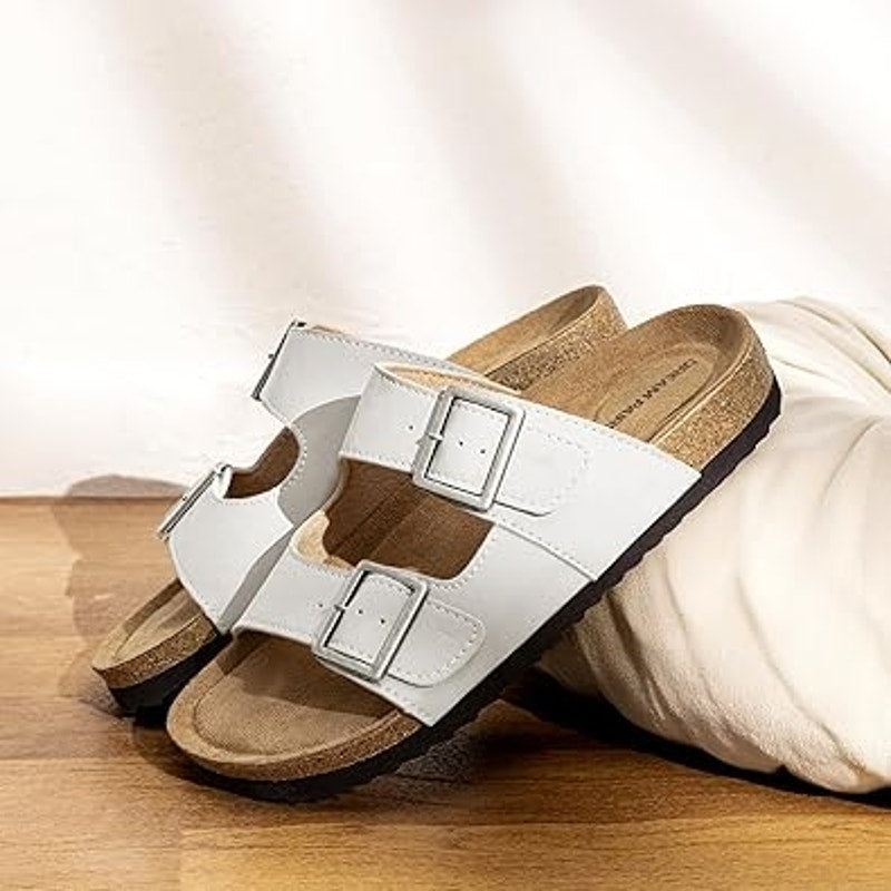Dream Pairs Womens Size 7.5 White Double Buckle Slide On Open Toe Cork Sandals