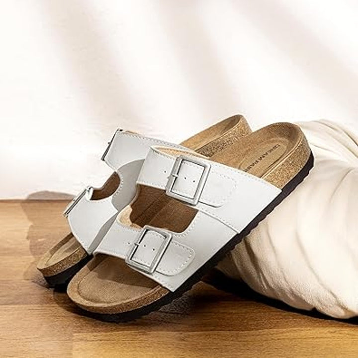 Dream Pairs Womens Size 7.5 White Double Buckle Slide On Open Toe Cork Sandals
