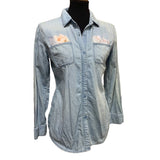 Hand Printed Upcycled Small Rose Flower Lacy Long Sleeve Denim Button Down Shirt