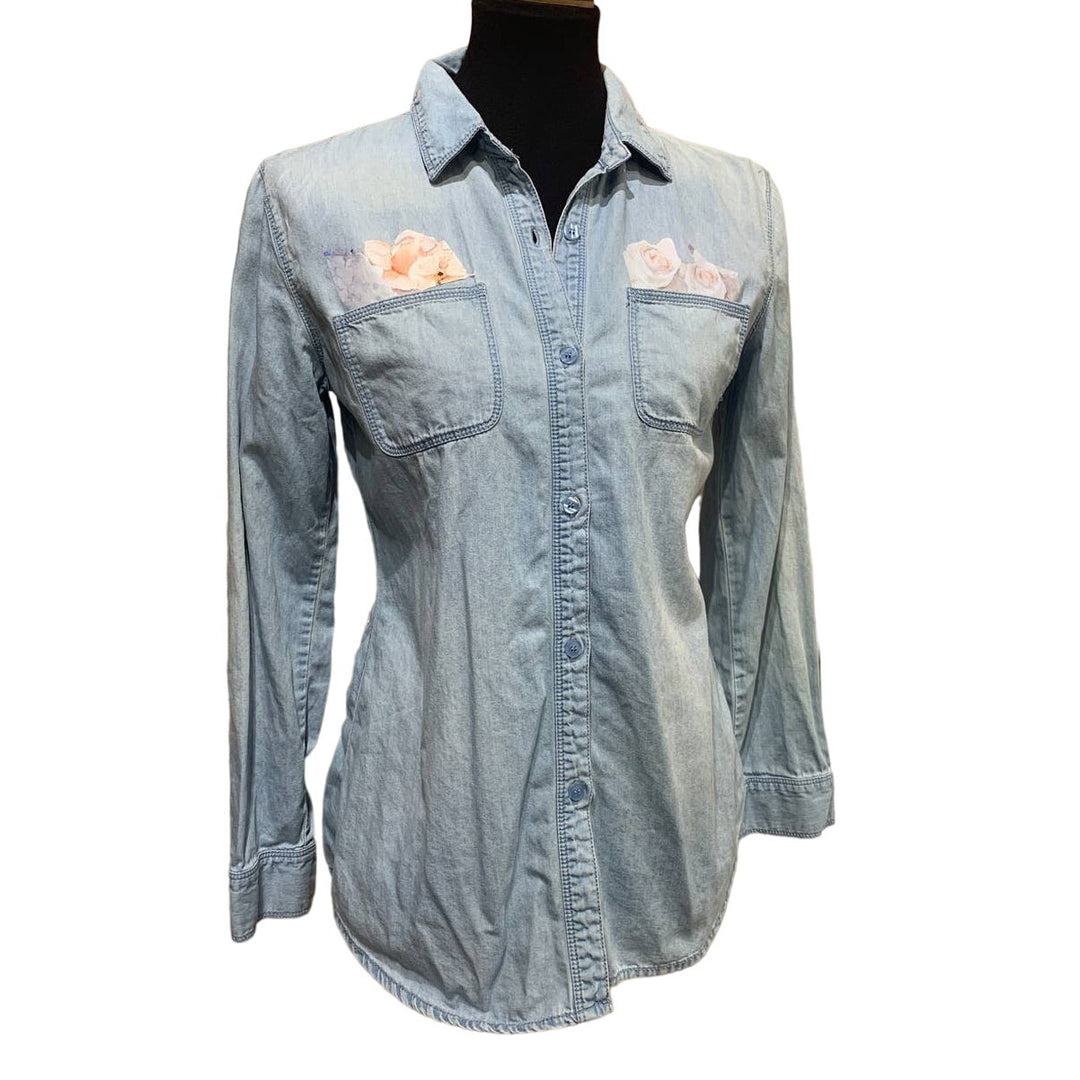 Hand Printed Upcycled Small Rose Flower Lacy Long Sleeve Denim Button Down Shirt