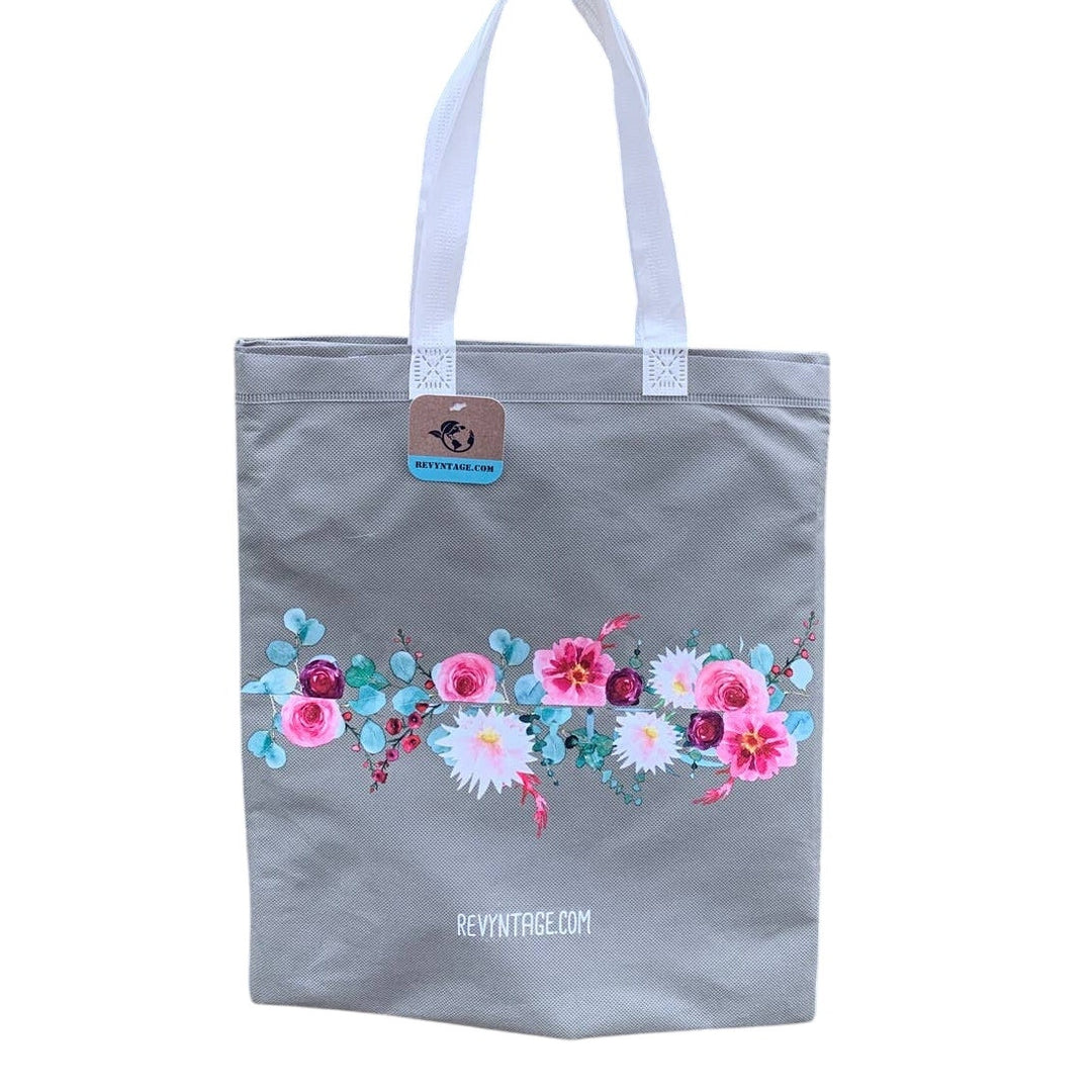 Upcycled Hand Printed Flower Peony Aster Floral Saving the Planet Tote Bag