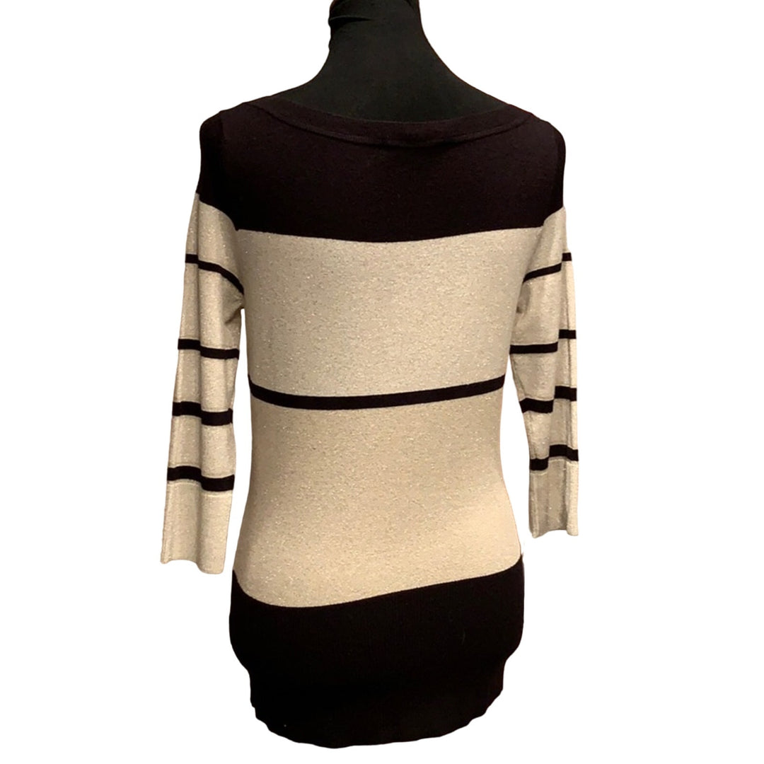 WHBM White House Black Market Small Black Striped Gold Sparkle Boatneck Sweater