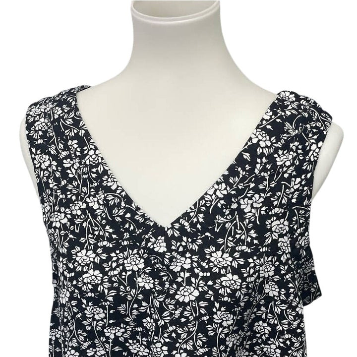LOFT Womens Medium Sleeveless Black White Floral Linen Viscose Blend Dress