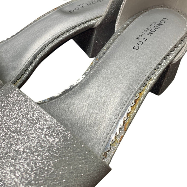 New London Fog Womens 7.5 Silver Glitter 2" Block Heel Open Toe Ankle Strap Shoe