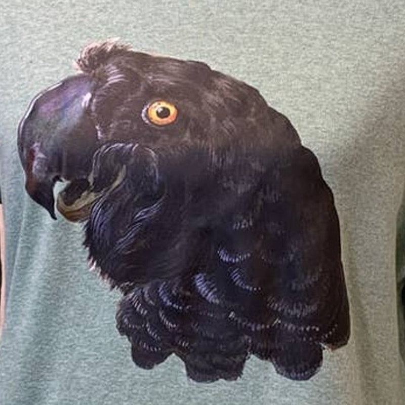 Upcycled Hand Printed Womens Large Black Parrot Bird Ukraine Fundraiser Tee