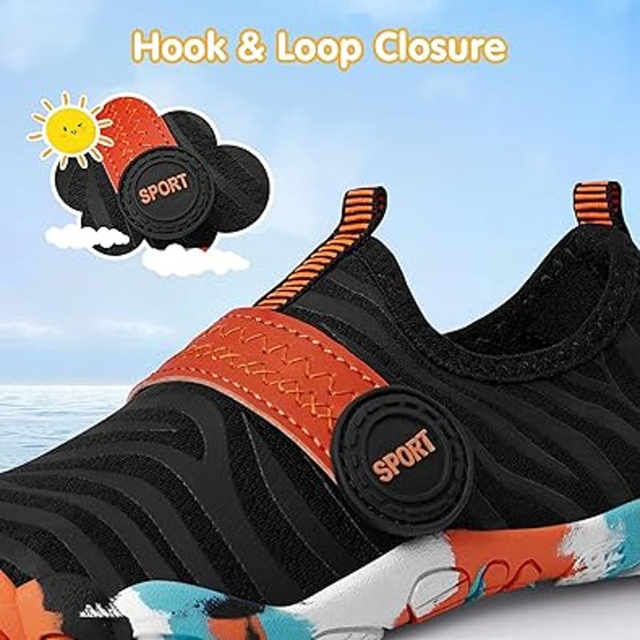 New Athmile Boys 12 Black Orange Hook Loop Barefoot Non Slip Aqua Water Shoes