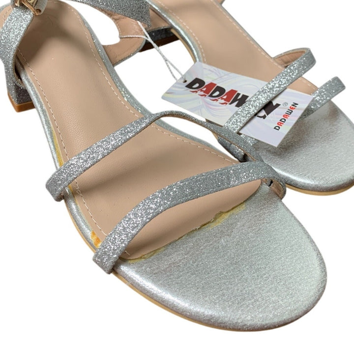 Dadawen Womens Size 9 Silver Glitter Open Toe Ankle Strap 2.5" Block Heel Shoes