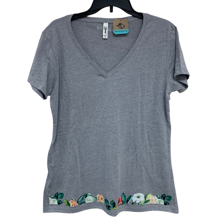 New Hand Printed XXL Heathered Gray Floral Wrap Around Short Sleeve Tee Shirt