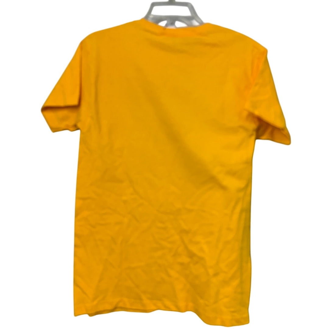 New Upcycled Hand Printed Womens Small Gold Blue Save Planet Earth Tee Shirt