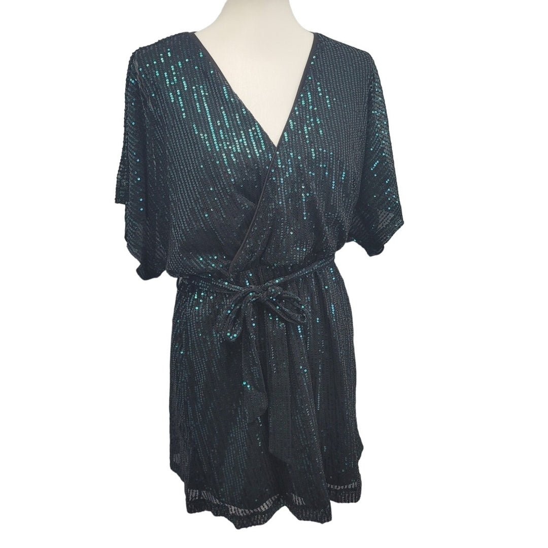 Shein Womens 8-10 100% Polyester Sequin Lined Short Sleeve Faux Wrap Dress