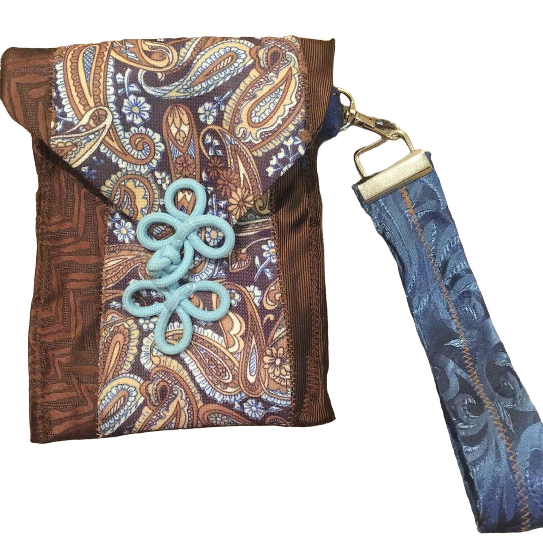 Handmade Upcycled Vintage Brown Blue Neck Tie Cell Phone Wristlet Purse Bag