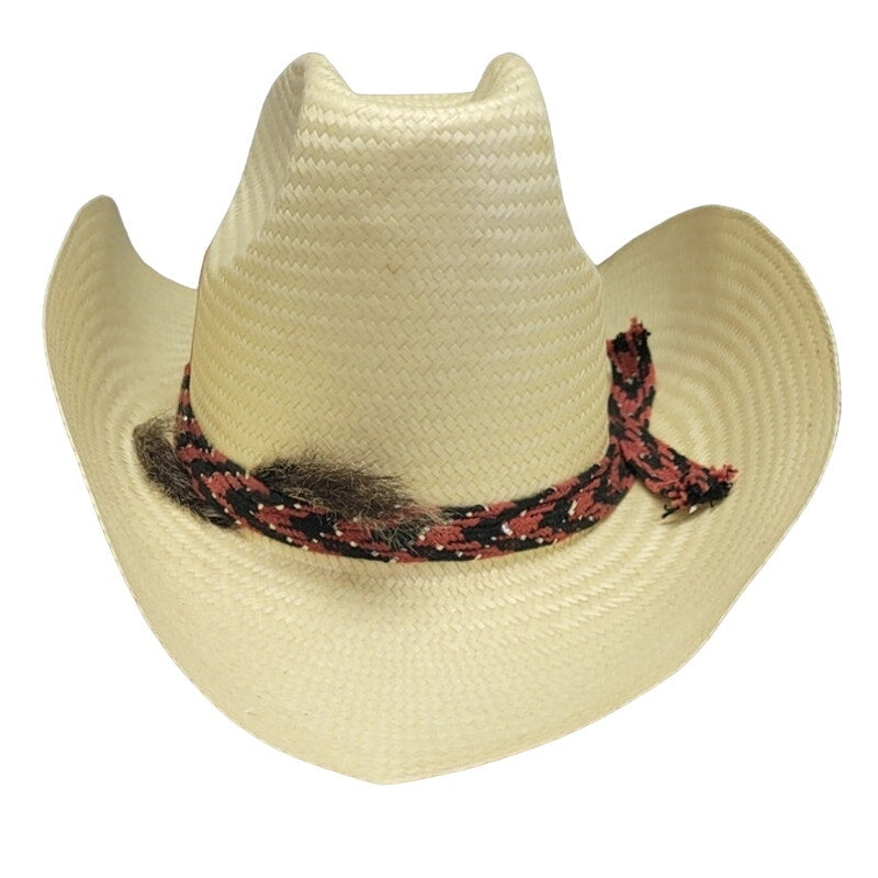 Vintage Womens Stiff Straw Cowboy Cow Girl Western Hat W Red Black Woven Band