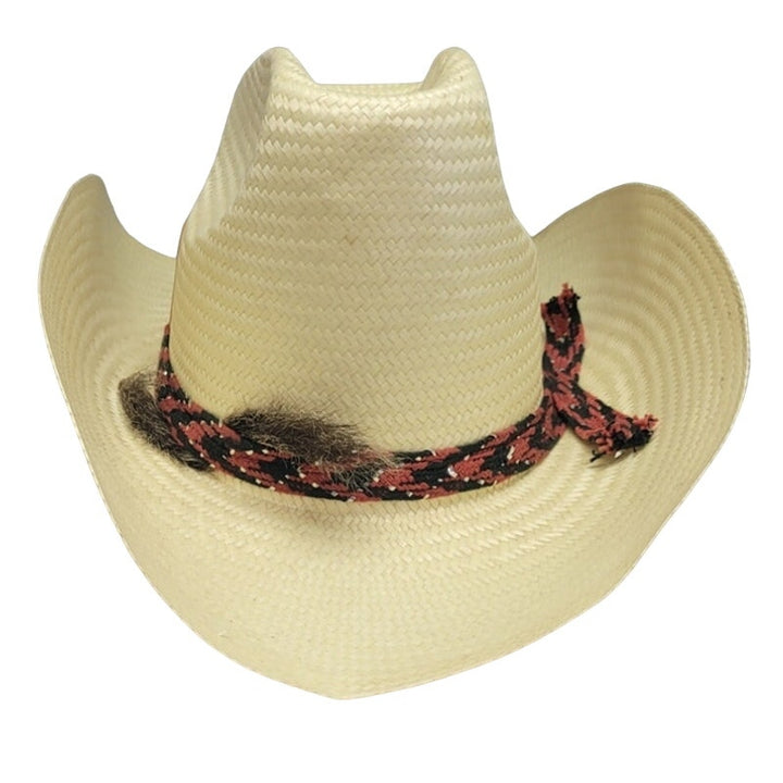 Vintage Womens Stiff Straw Cowboy Cow Girl Western Hat W Red Black Woven Band