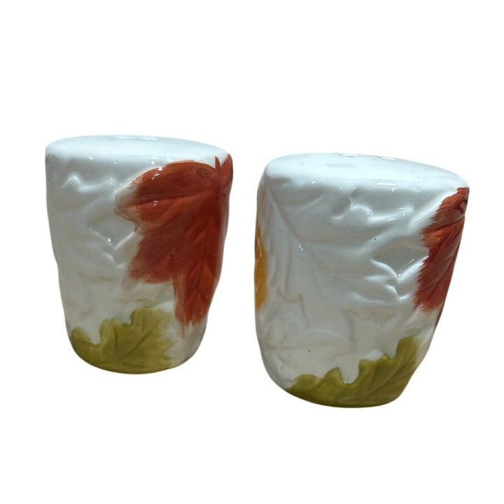 Vintage Red Green Gold Yellow Fall Leaf White Ceramic Salt &amp; Pepper Shaker Set