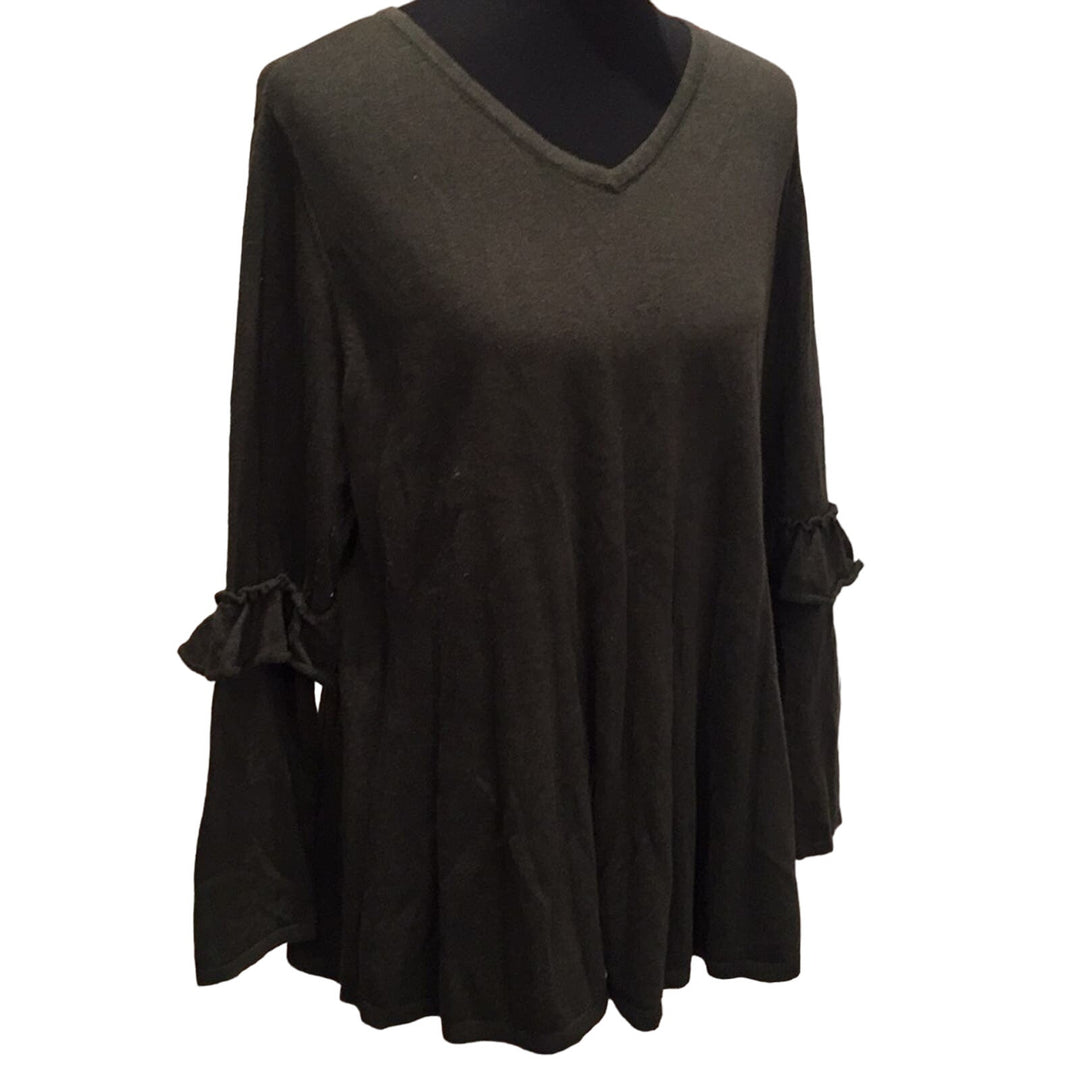 New Style &amp; Co Womens 2X Dark Ivy Green Ruffled Elbow VNeck Long Sleeve Sweater