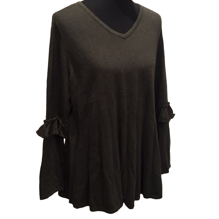 New Style &amp; Co Womens 2X Dark Ivy Green Ruffled Elbow VNeck Long Sleeve Sweater