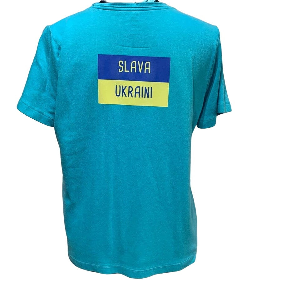 Upcycled Hand Printed Large Ukraine Flag Seagull Bird Slava Ukraini Artist Tee