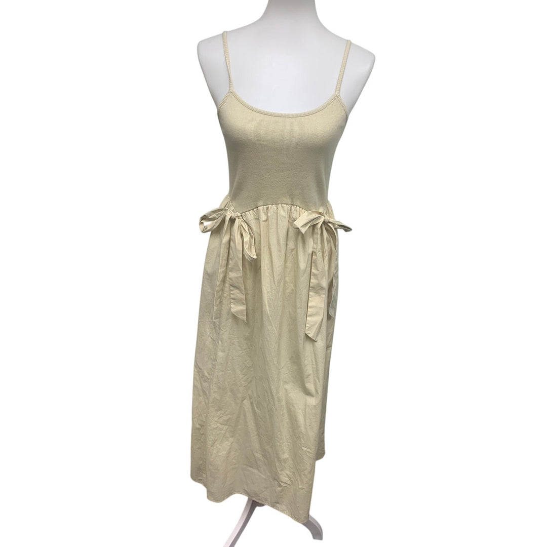 New Aerie Womens Small Spaghetti Strap Hip Bows Cream FIt Flare Maxi Dress