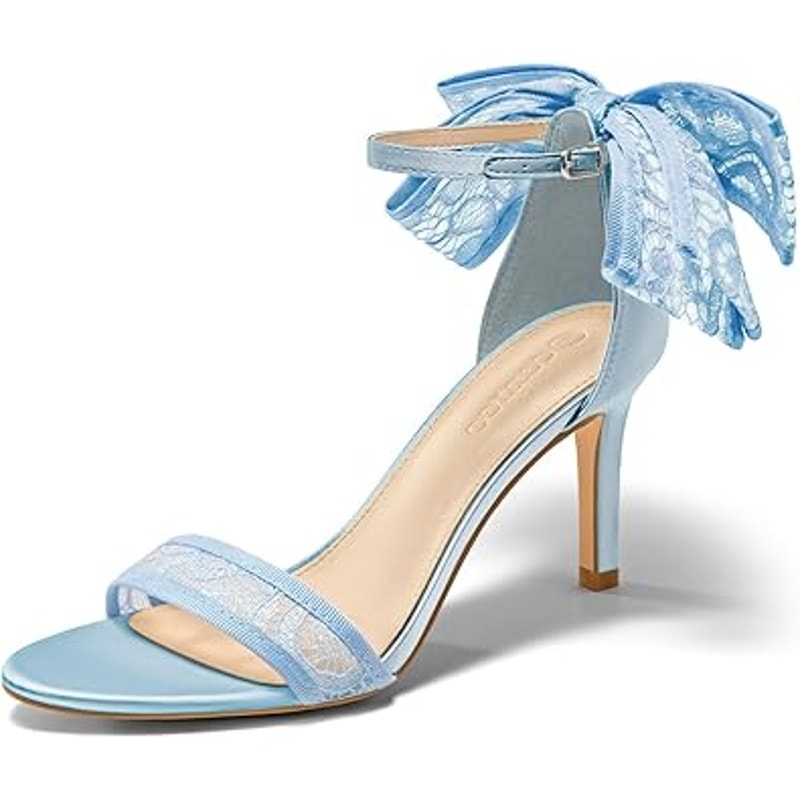 New Coutgo Womens Size 11 Blue Lace Bow 3.5" Heels Open Toe Ankle Strap Shoes