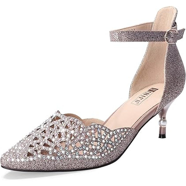 Idifu Womens 9 Rhinestone Glitter 2.5" Pearl Heel Closed Toe Ankle Strap Shoes