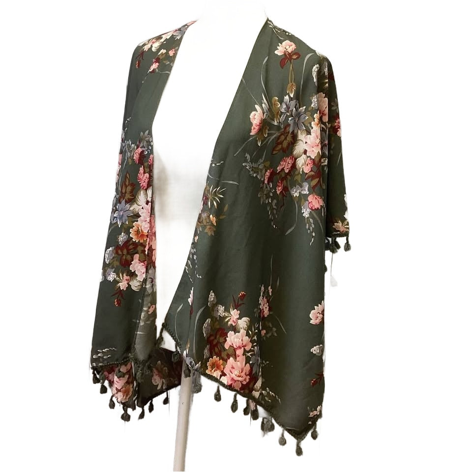 One Size Polyester Floral Long Open Cardigan Overlay Coverup w Tassels Fringe