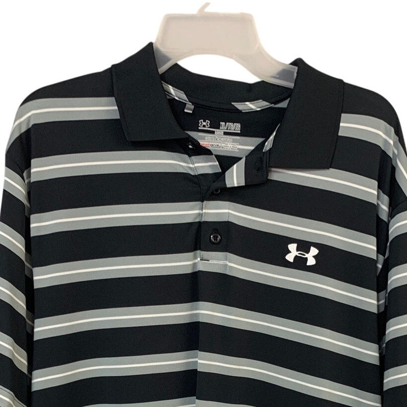 Under Armour Mens XL Black Loose Heat Gear Striped Short Sleeve Polo Shirt