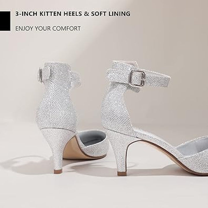 Idifu Womens 8 Silver Glitter 3" Kitten Heel Pointed Close Toe Ankle Strap Shoes