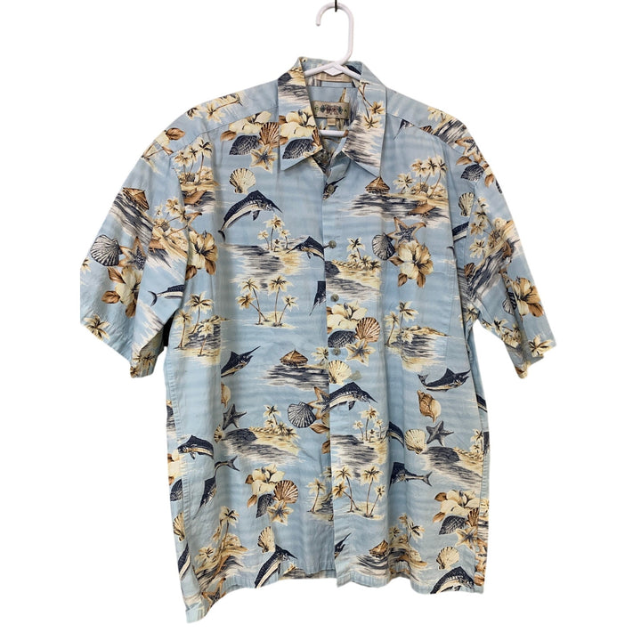 Lot of 2 Campia Moda Mens Large Cotton Floral Fish Short Sleeve Button Up Shirts