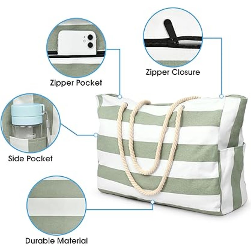 New Becokan Large Green White Striped Waterproof Sandproof Canvas Beach Tote Bag