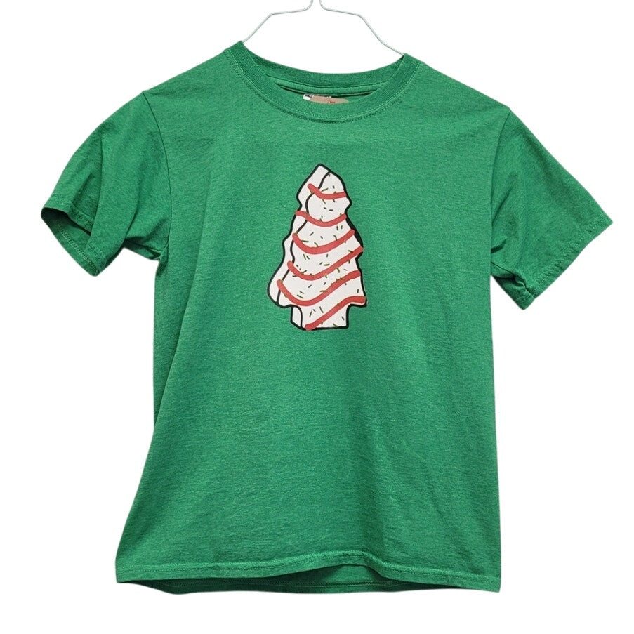 Upcycled Hand Printed Kids Youth Large Christmas Snack Cake Dessert Tee Shirt