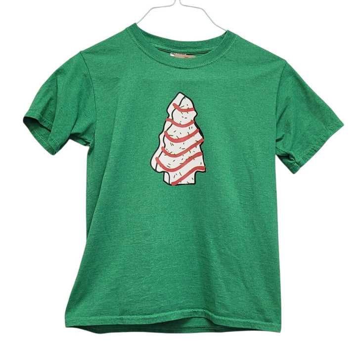 Upcycled Hand Printed Kids Youth Large Christmas Snack Cake Dessert Tee Shirt