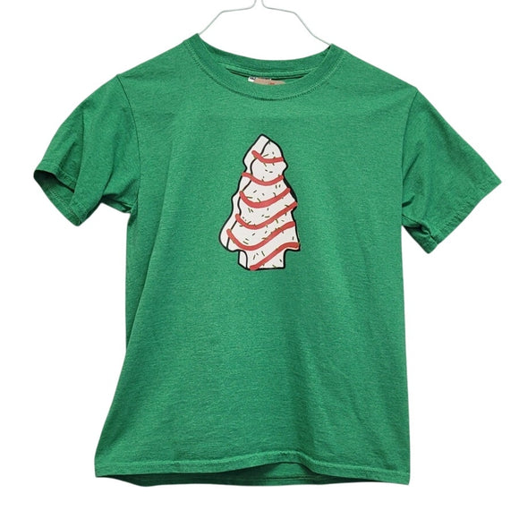 Upcycled Hand Printed Kids Youth Large Christmas Snack Cake Dessert Tee Shirt
