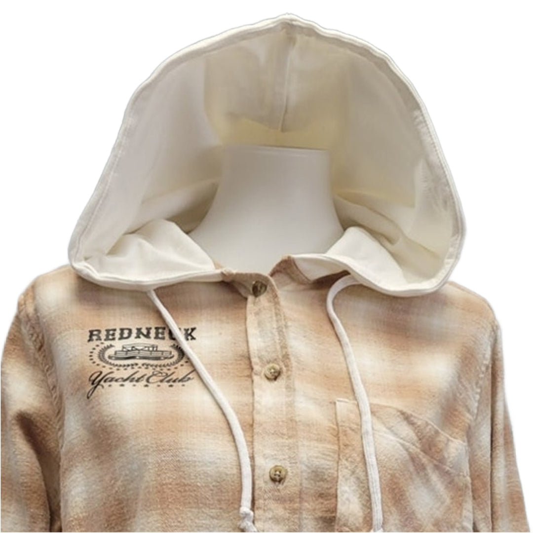 New Hand Printed Womens Small Redneck Yacht Club Long Sleeve Flannel Hoodie