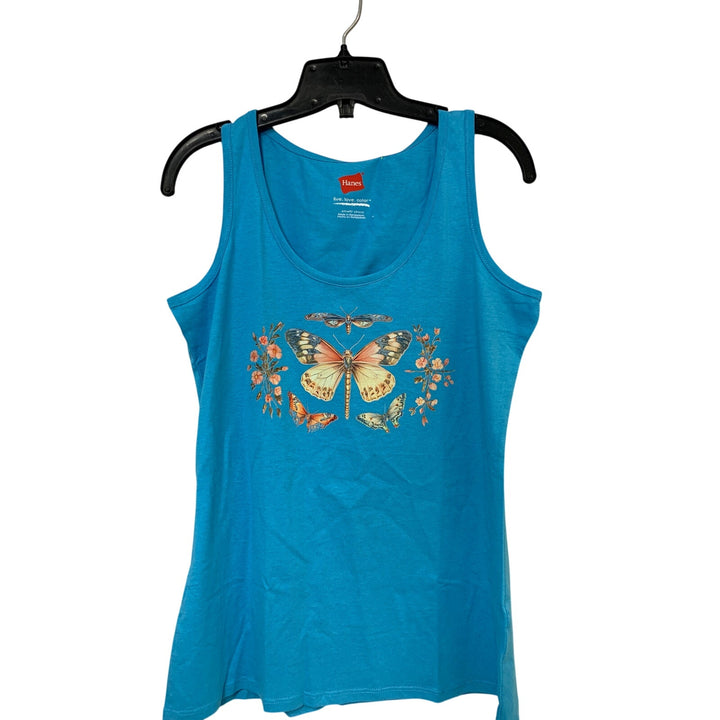 New Hand Printed Womens Small Blue Orange Vintage Butterfly Floral Tank Top