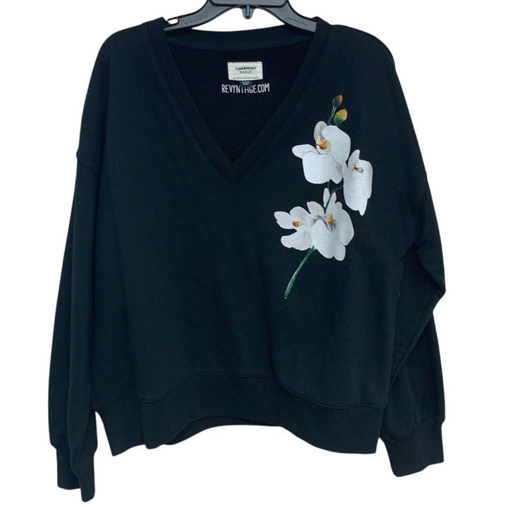 New Hand Printed Womens Medium White Orchid Flower Long Sleeve Deep V Sweatshirt