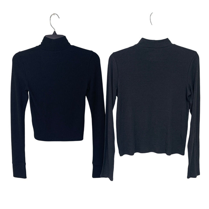 2 New American Eagle Womens Small Black Gray Turtle Neck Long Sleeve Ribbed Tops