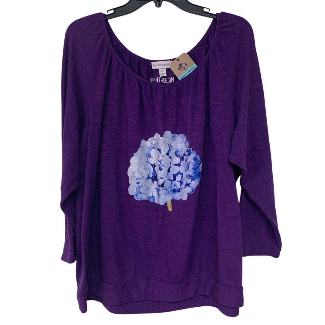 Upcycled Hand Printed Womens 2X Hydrangea Floral Long Sleeve Purple Tee Shirt