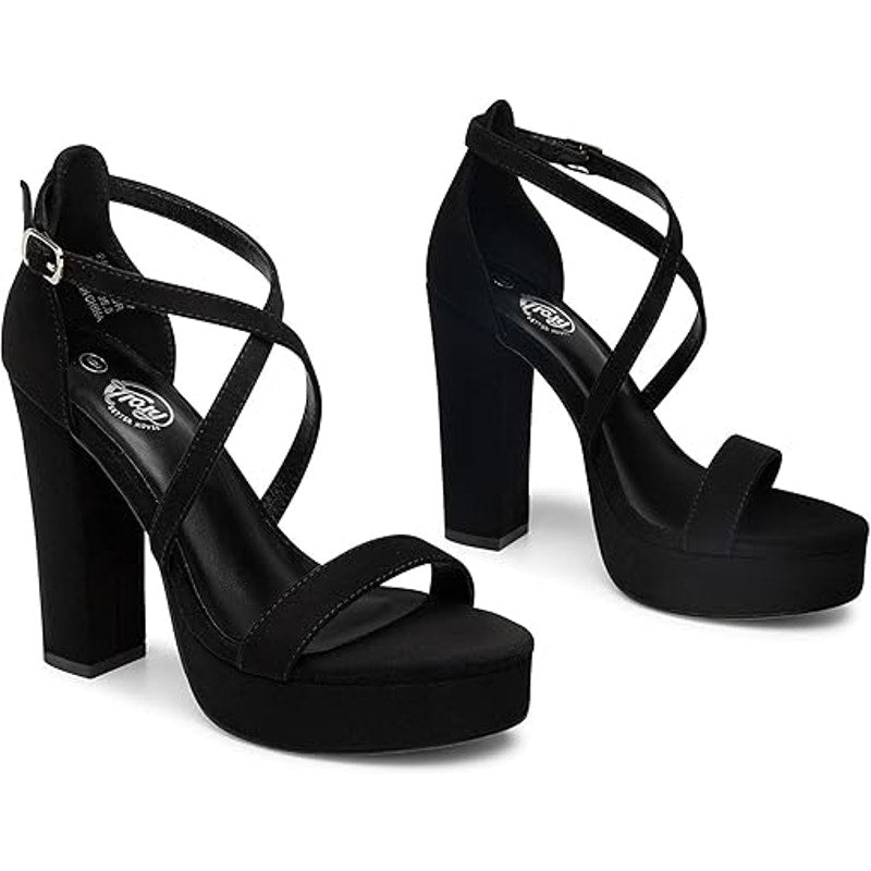Trary Women Size 7.5 Black Faux Suede 4.5" Block Heel Open Toe Ankle Strap Shoes