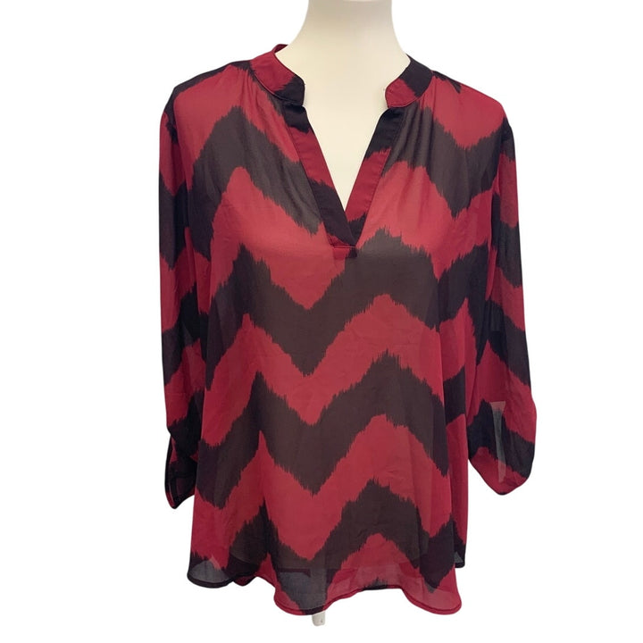 Absolutely Famous Womens Large Sheer Chevron Stripe Pullover Long Sleeve Blouse