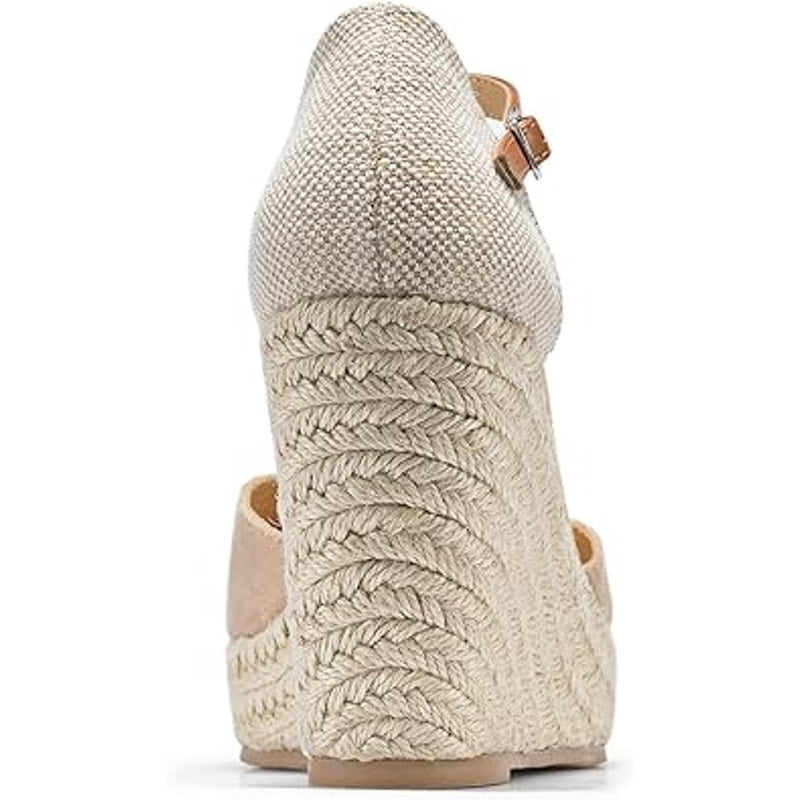 Fisace Womens Size 8 Tan Faux Suede 4" Wedge Espadrille Ankle Strap Sandal Shoes