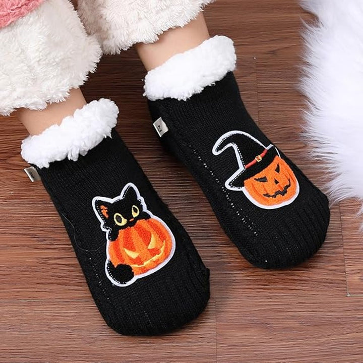 New Womens Medium Halloween Cat Fuzzy Grip Non Slip Fleece-lined Slipper Socks