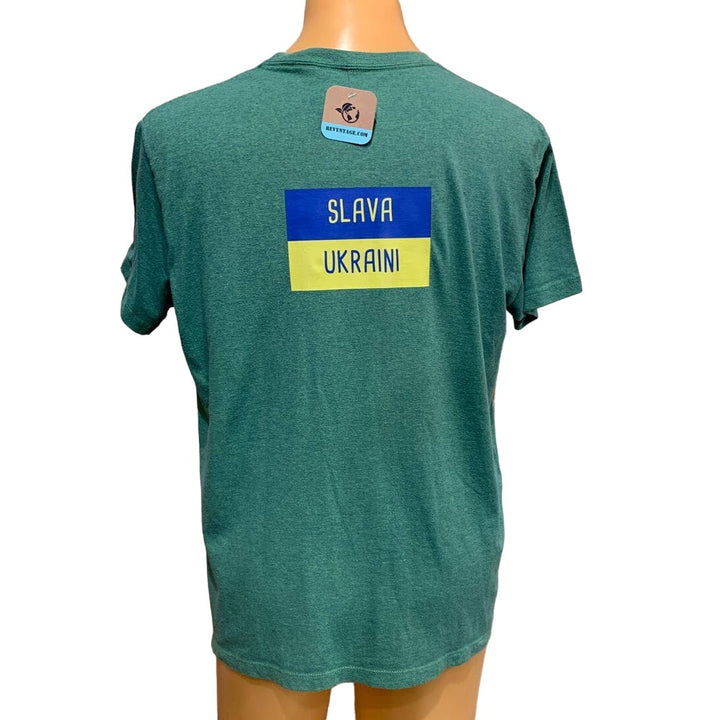 Upcycled Hand Printed Mens Medium Summer Seagull Ukraine Flag Slava Ukraini Tee