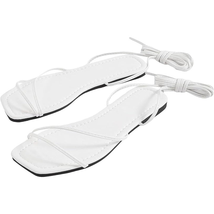Gorglitter Womens Size 8.5 White Open Toe Lace Up Gladiator Sandals Tie Up Flats